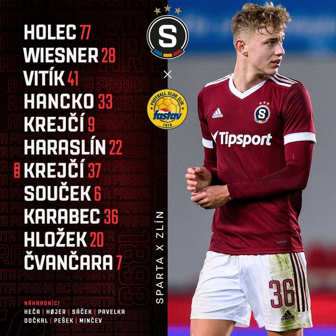 1️⃣1️⃣ SESTAVA | Do utkání proti Zlínu nastoupíme ve složení:

? Holec - Wiesner, Vitík, Hancko, Laco Krejčí - Haraslín, LK37, Souček, Karabec, Hložek - Čvančara. 

? Zdraví do hry nadále nepustí Juliše, Pulkraba a Čelůstku. #acsparta